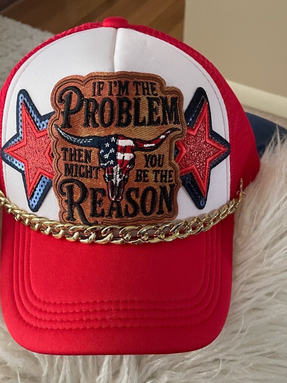Red Trucker Hat with Star Patch & Gold Chain - 'If I'm The Problem'